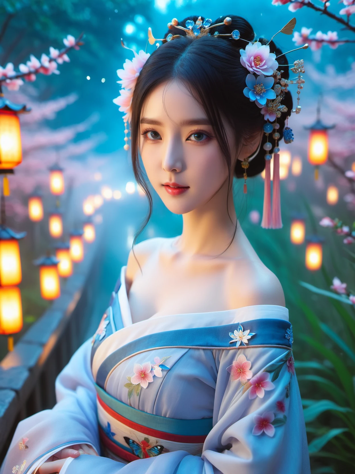yanyuelou,1girl, colorful hanfu, bare_shoulders, wide_sleeves, cleavage, ï¼ light_particles, Blue eyes,pink_butterfly, flowers, blue flowers,Upper body, star_\(sky\),<lora:yanyuelouSDXL-000008:0.8>