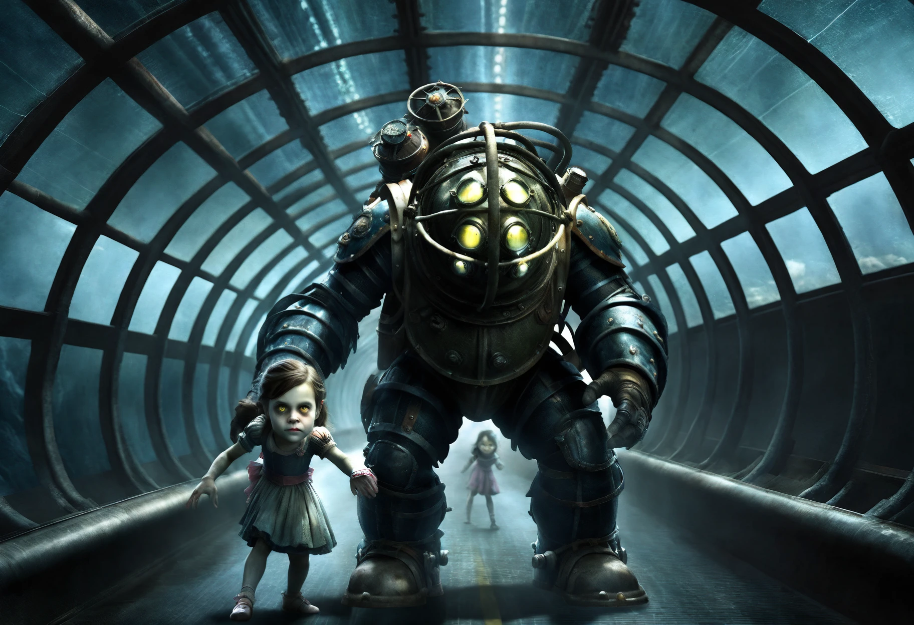 cinematic film still Big daddy and ****** girl, a tunnel with a glass roof, action pose, full shot, front view, Bioshock character, Rapture . shallow depth of field, vignette, highly detailed, high budget, bokeh, cinemascope, moody, epic, gorgeous, film grain, grainy