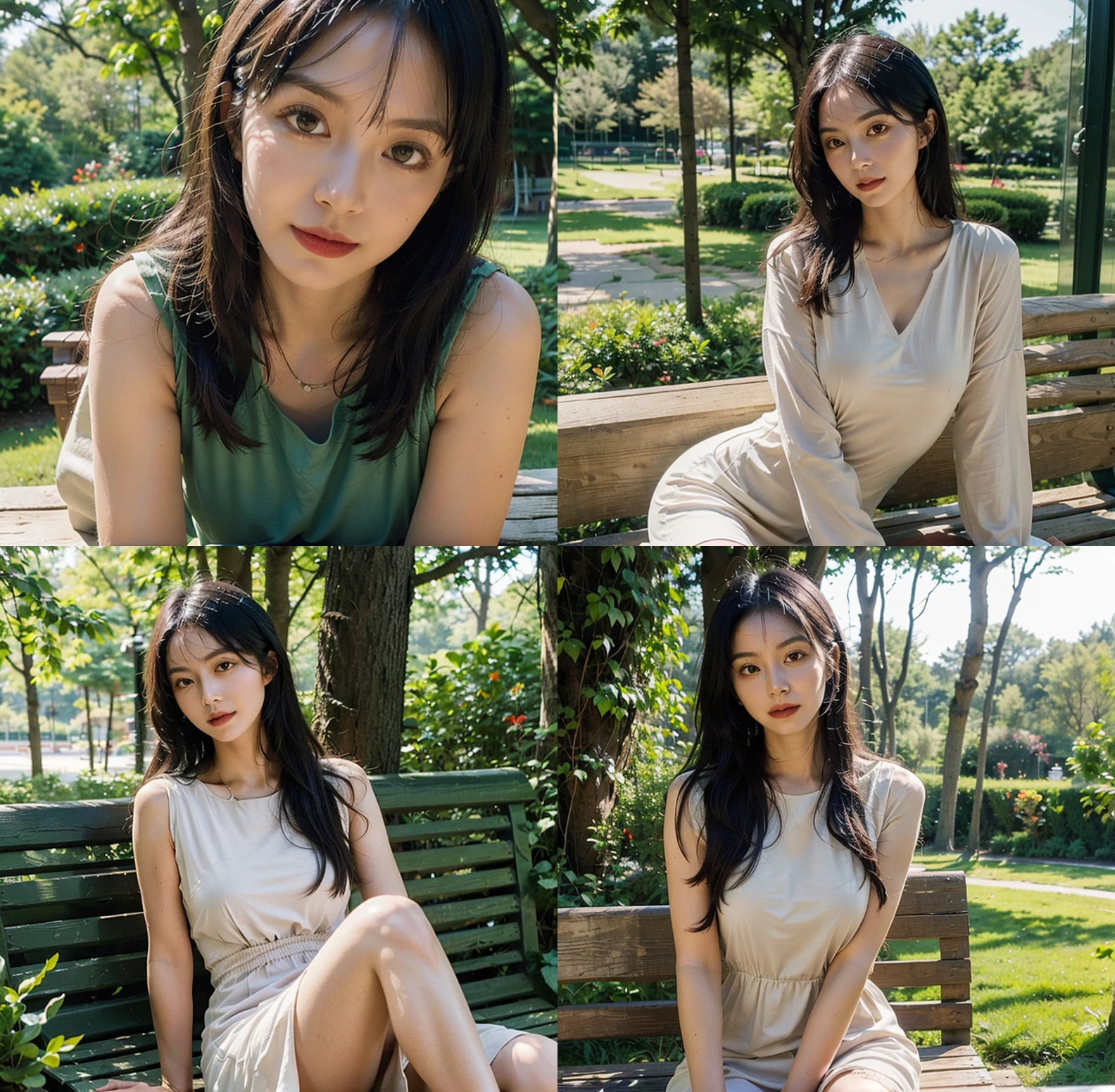 masterpiece,best quality,highly detailed,elegant woman,sitting gracefully,park bench,(dress:1.5),(serene atmosphere:1.2),(natural light:1.3),(vibrant colors),(summer day),(1 woman:1.7),(long hair:1.4),(flowing dress),(comfortable posture),(relaxed facial expression:1.3),(greenery:1.2),(sunlight filtering through trees:1.1),(peaceful),(natural setting),(outdoor beauty),(serenity:1.3),<lora:Absolutely realistic2.0:0.8>,