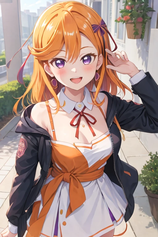 best quality, masterpiece, highres, solo, {shibuya_kanon_lovelivesuperstar:1.15}, orange_hair, bangs, purple_eyes, long_hair, smile, blush, ribbon, open_mouth, neck_ribbon, red_ribbon, medium_hair, shiny_hair, 1girl, collarbone, hair_ornament, looking_at_viewer, upper_body, birthday, feathers, jacket, breasts