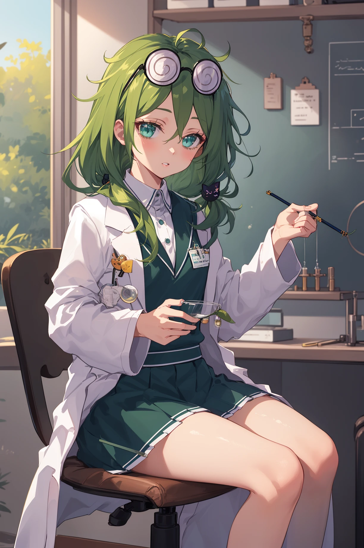 (masterpiece, best quality, high detailed, 8k uhd:1.2), <lora:YssringV1-08:0.8>, yssring gkn, 1girl, solo, slender,(medium breasts), (parted lips:1.2), (green hair, cat hair ornament), (lab coat, serafuku, minikirt:1.4), (green shirt, green skirt, coke-bottle glasses, eyewear on head:1.2), (cowboy shot, looking at viewer:1.2), sitting on chair, indoors, laboratory