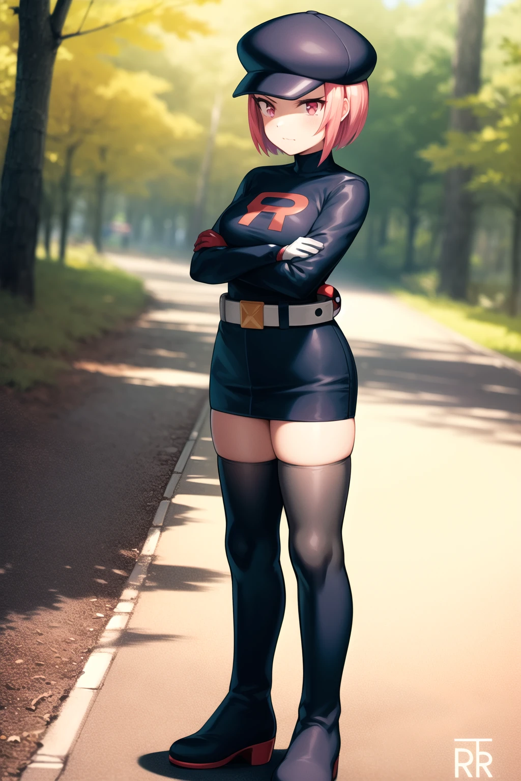 trgrunthgss, 1girl, solo, short hair, skirt, thighhighs, gloves, long sleeves, hat, forest, dress, closed mouth, standing, full body, pink hair, boots, belt, pink eyes, zettai ryouiki, black headwear, thigh boots, crossed arms, poke ball, logo, cabbie hat, poke ball (basic), grey footwear, grey gloves, team rocket, grey belt, team rocket uniform, <lora:Team_Rocket_Grunt_HGSS:0.6> <lora:more_details:0.3>