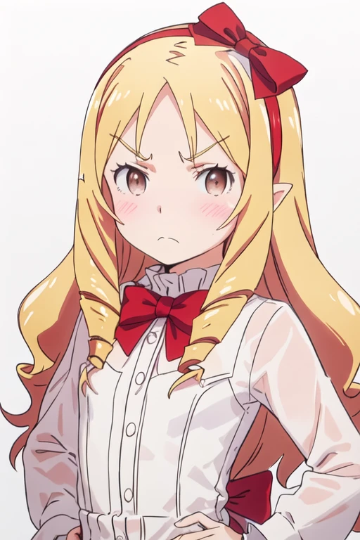 best quality, masterpiece, highres, solo, {yamada_elf_eromangasensei:1.15}, blonde_hair, long_hair, blush, drill_hair, brown_eyes, bow, hair_bow, pointy_ears, red_bow, hairband, 1girl, closed_mouth, dress, frown, looking_at_viewer, red_hairband, twin_drills, upper_body, v-shaped_eyebrows, lolita_fashion, gradient, gradient_background