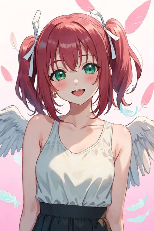 best quality, masterpiece, highres, solo, {kurosawa_ruby_lovelivesunshine:1.15}, red_hair, bangs, blush, two_side_up, smile, aqua_eyes, green_eyes, open_mouth, short_hair, hair_ornament, 1girl, collarbone, hair_ribbon, looking_at_viewer, ribbon, sleeveless, upper_body, white_ribbon, tank_top, twintails, feathers, hand_up, pink_background, white_feathers