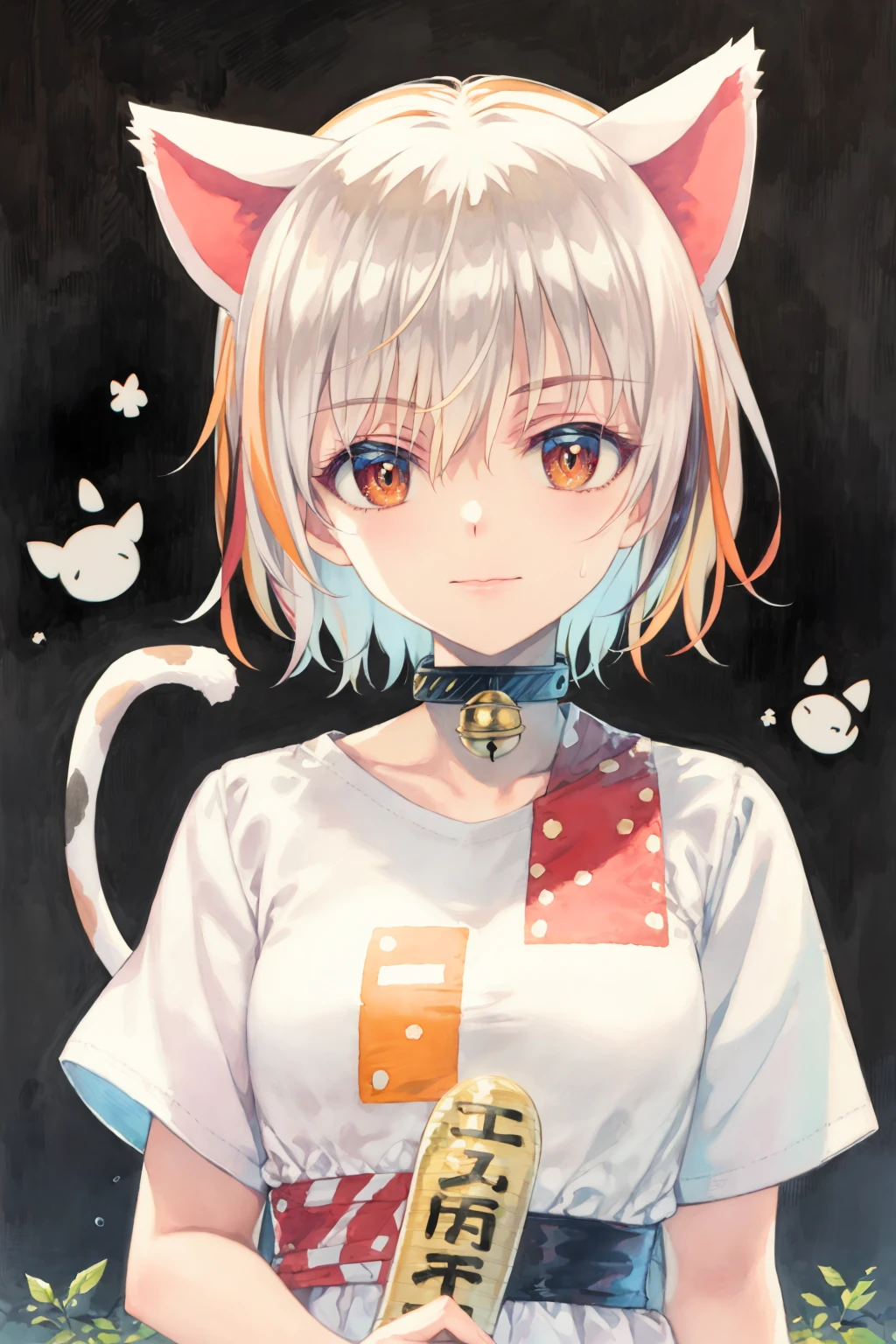 masterpiece, best quality,<lora:style19:1>,watercolor \(medium\), 
<lora:GodoukujiMike:1>,animal ears, cat ears, 1girl, solo, tail, short hair, multicolored hair, multicolored shirt, cat tail, white hair, shirt, striped, bell, neck bell, holding, slit pupils, orange eyes, looking at viewer, upper body, striped shirt, streaked hair, jingle bell, short sleeves, bangs, holding sign, closed mouth, collar, sign, collarbone, sweatdrop, cat girl