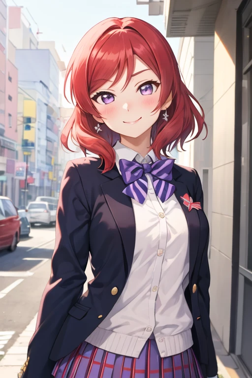 best quality, masterpiece, highres, solo, {nishikino_maki_lovelive:1.15}, red_hair, purple_eyes, blush, short_hair, smile, 1girl, blazer, bow, jacket, otonokizaka_school_uniform, school_uniform, upper_body, blue_bow, bowtie, winter_uniform, striped, striped_bow, looking_at_viewer, striped_bowtie