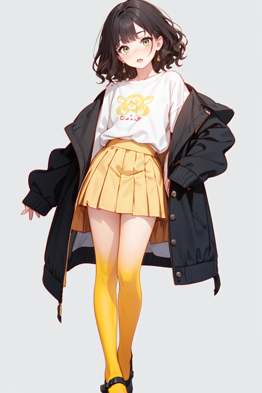 (masterpiece, best quality, absurdres, 8k:1.2),best lighting,simple_background,gray_background,
1girl,solo,full_body,standing,dynamic pose,dark_curly_hair,surprised,EGirlMakeup,eyeliner,eyelashes,freckles,
earrings,oversized_jacket,pleated_miniskirt,long_legs,two-tone legwear,yellow_pantyhose,mary_janes,<lora:gradient_v1.0:1:1:lbw=StocTest>,<lora:eGirlMakeup-10:1:1:lbw=LyCOFACE>,