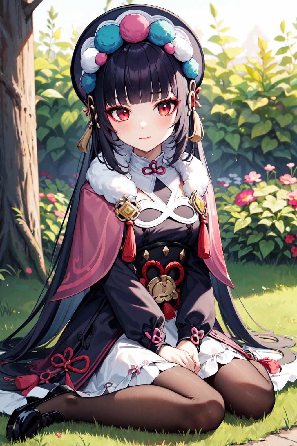 masterpiece, best quality, highres, aayunjin, long hair, bonnet, tassel, makeup, fur trim, pink capelet, dress, long sleeves, purple pantyhose, <lora:yun_jin_v1:0.7>, wariza, sitting, garden, grass,