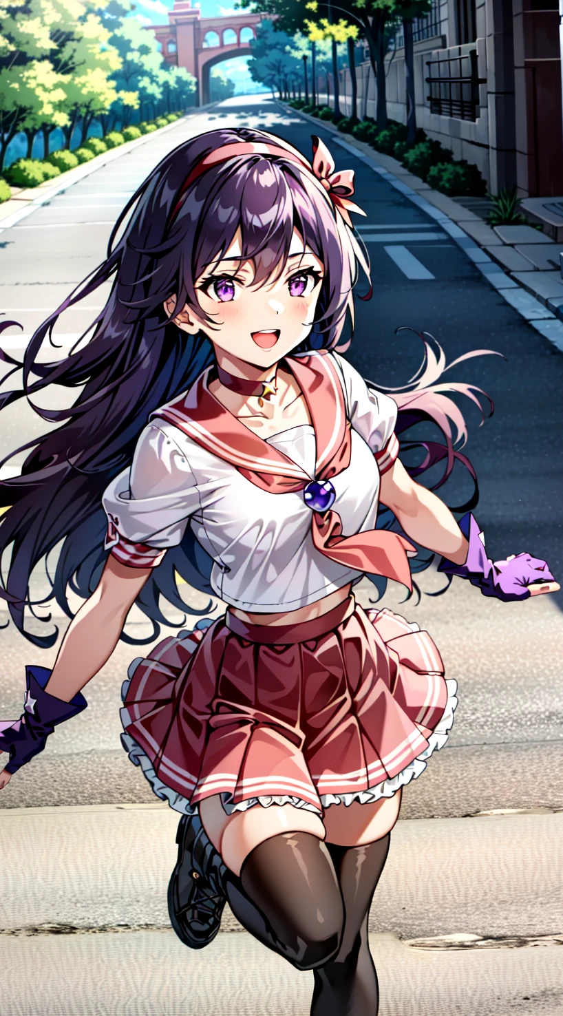 (extremely detailed CG unity 4k wallpaper),(masterpiece),(best quality),(ultra-detailed),(best illustration),(best shadow),(absurdres),(detailed background), <lora:OGT_Athena_Asamiya-v1:0.7> Athena Asamiya, 1girl, solo, gloves, fingerless gloves, red hairband, long hair, thighhighs, purple eyes, hairband, purple hair, full body, skirt, black thighhighs, school uniform, open mouth, hair ornament, smile, serafuku, breasts, choker, boots, star (symbol), outdoors, day