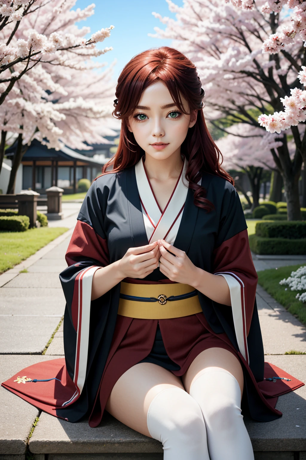 ((ultra detailed, masterpiece, best quality))
<lora:ACUElise:0.9>
ACUElise, 1girl, solo, red hair, green eyes, in a traditional kimono, surrounded by cherry blossoms, one hand on the thigh