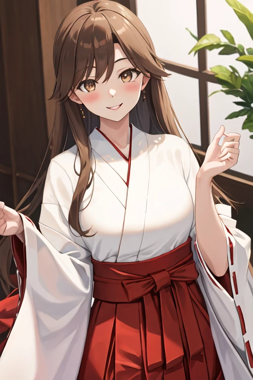 best quality, masterpiece, highres, solo, {white kimono:1.35}, {red hakama:1.35}, {wide sleeves:1.20}, {arashio_kantaicollection:1.15}, brown_hair, long_hair, brown_eyes, smile, blush, breasts
