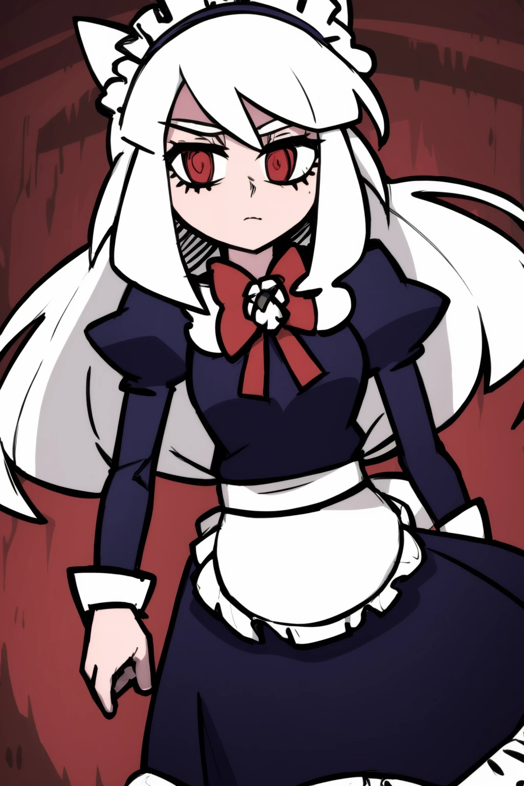 masterpiece, best quality,, <lora:helltaker-c2:1>,helltaker,1girl,solo,white hair,long hair,cat ears, maid,maid headdress, maid apron, maid dress,