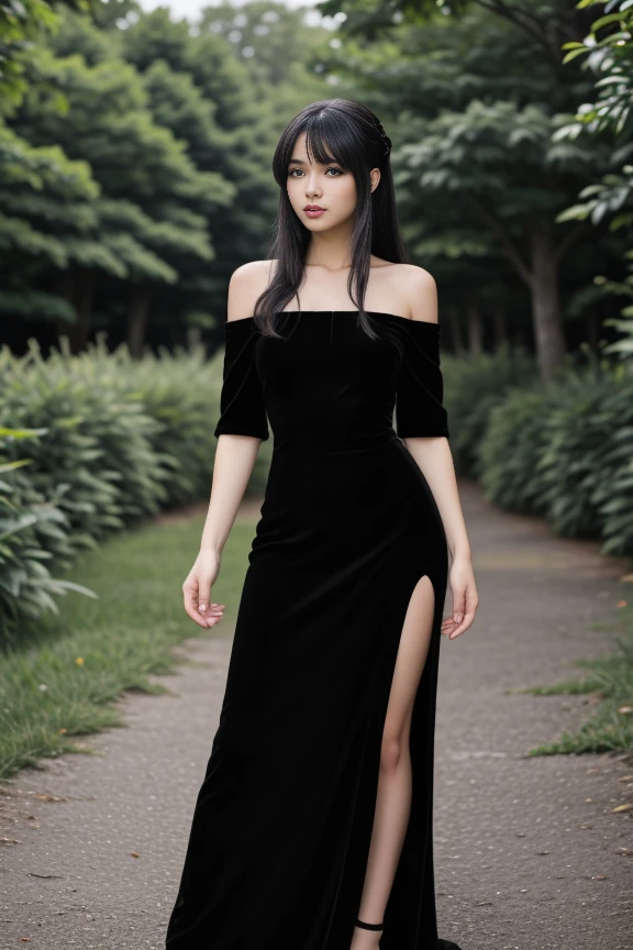 1woman, black hair, center parted long hair, realistic, masterpiece, high detailed skin, wearing random dress, looking at viewer, outdoor view, solo, full body shot
velvet off shoulder long black dress, side slit <lora:Black_Velvet_Dress_By_Stable_Yogi:0.8>