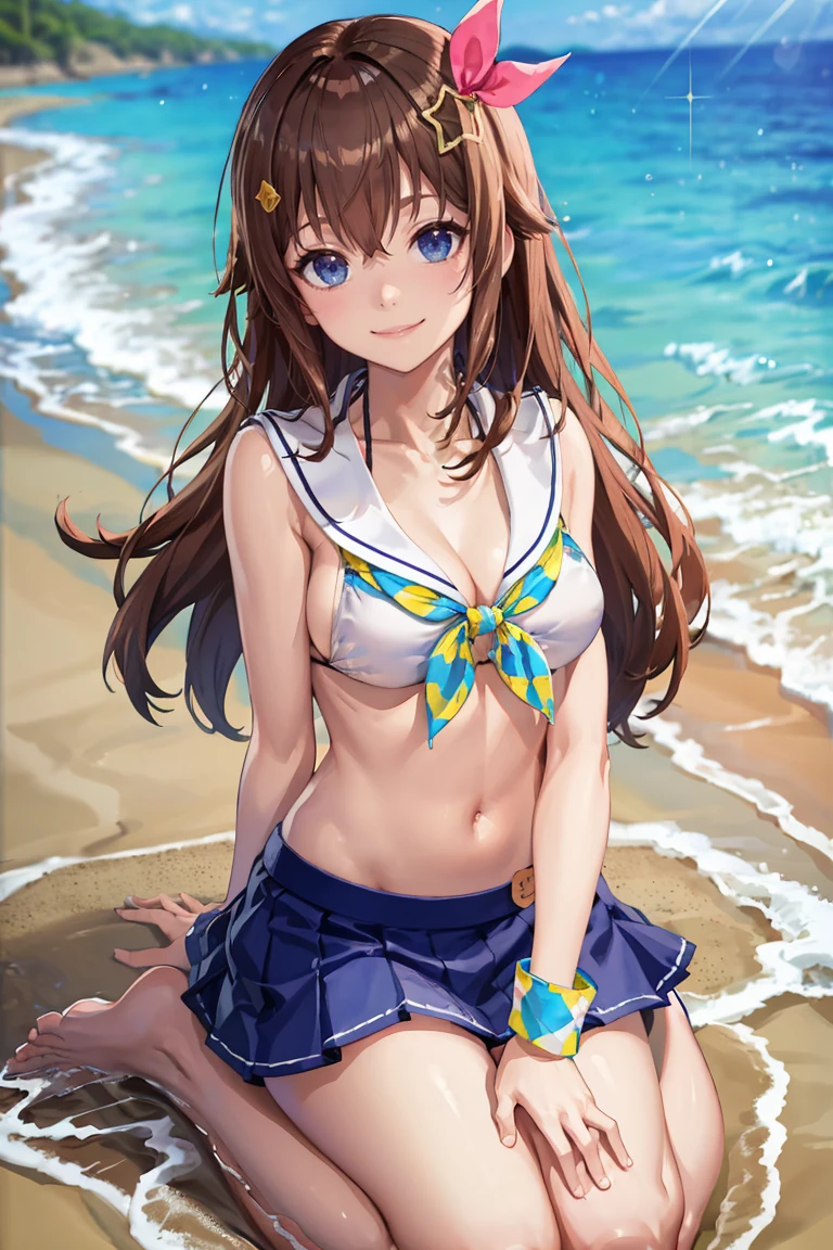 masterpiece, best quality, absurdres, SoraSummer, long hair, star hair ornament, hair ribbon, blue eyes, sailor bikini, blue skirt, wristband, seiza, smile, beach scene, <lora:TokinoSora:0.8>