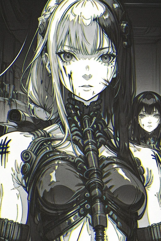 monochrome, blood, multiple girls, looking at viewer, long hair, mole, expressionless, blood on face, greyscale, bare shoulders, eyelashes, android, upper body, cable, cyberpunk