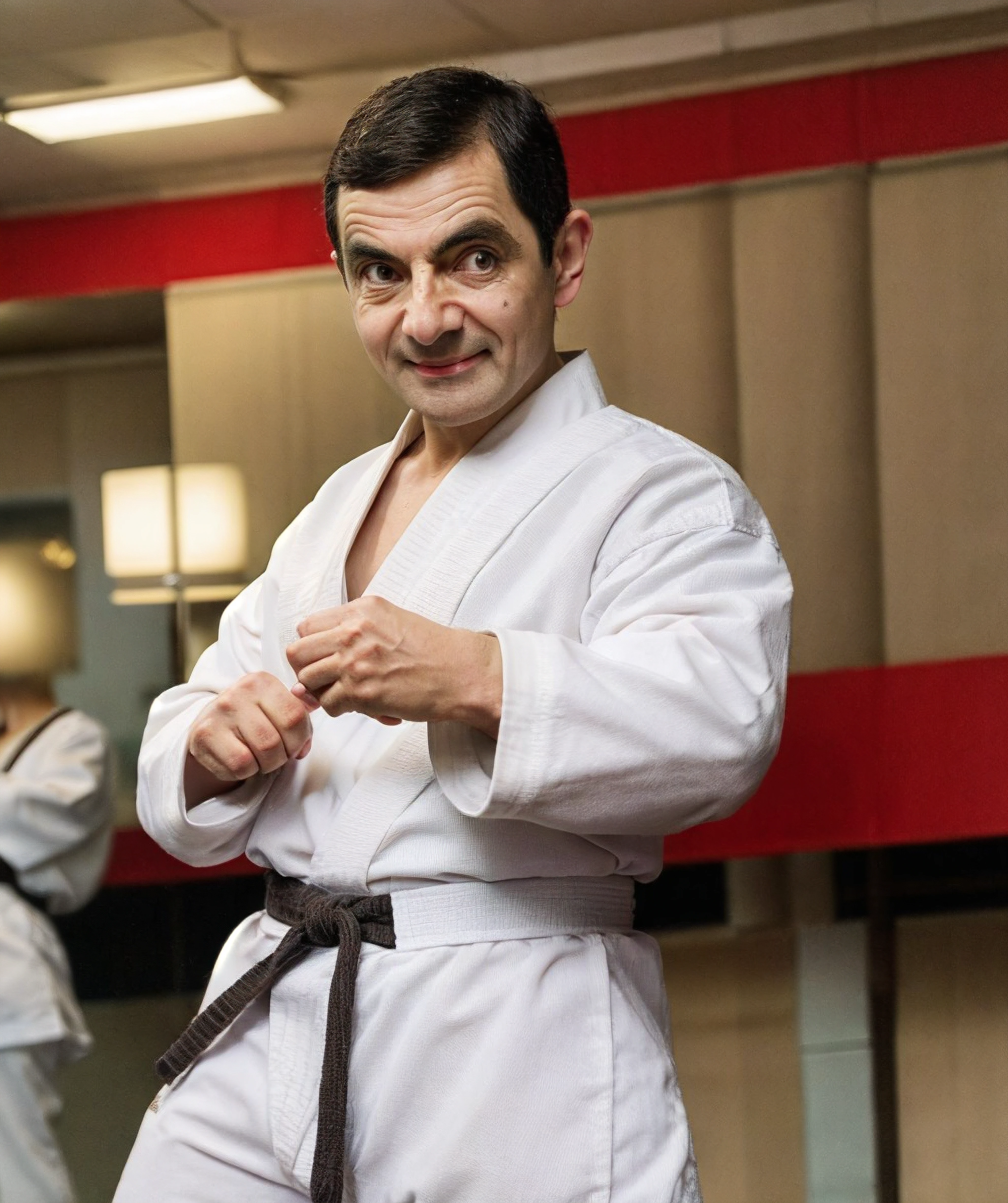 mrbean, white karate outfit, dojo <lora:Mr_Bean-15:0.75>