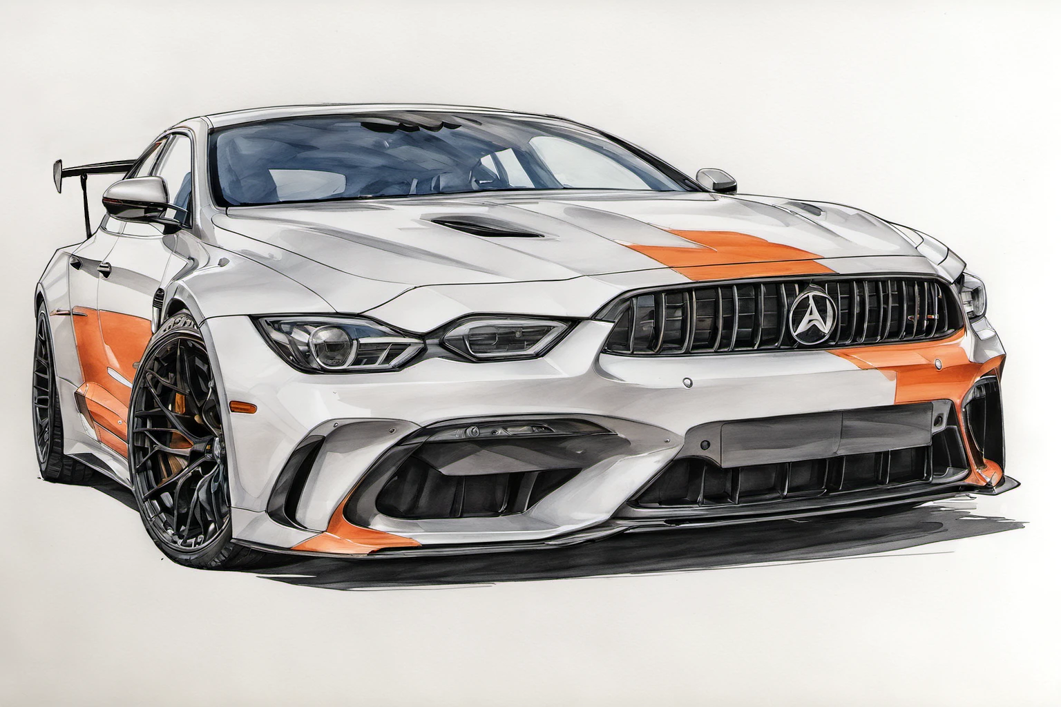 marker rendering of a car, concept art, sporty, fast, sleek, sexy, aggressive, high performance, colorful, marker, crisp lines, sketch, illustration, illustrative, marker drawing, expressive strokes, graphic, sharp, crisp, in-focus, uncropped, high-quality <lora:MercedesAGTGTCoupe:1.2>