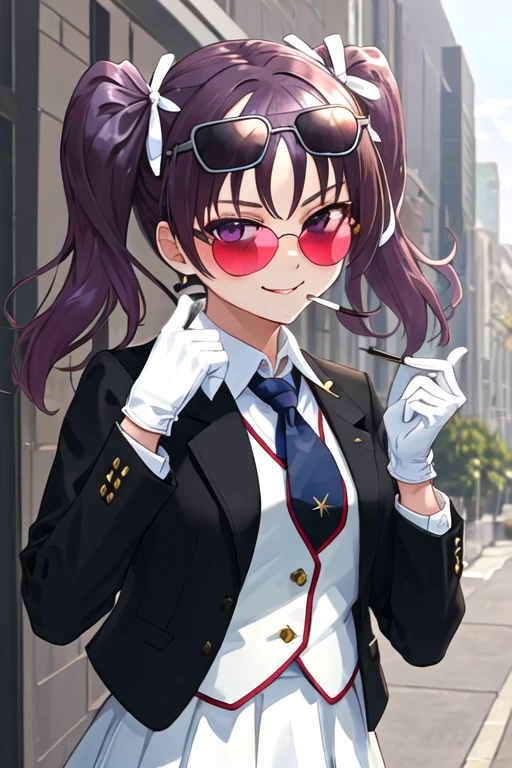 best quality, masterpiece, highres, solo, {black business suit:1.40}, {tie:1.20}, {sunglasses:1.25}, {white gloves:1.15}, {white shirt:1.10}, {black skirt:1.15}, {smoking:1.20}, handsome, {kazuno_leah_lovelivesunshine:1.15}, purple_hair, purple_eyes, twintails, bangs, blush, smile, hair_ribbon
