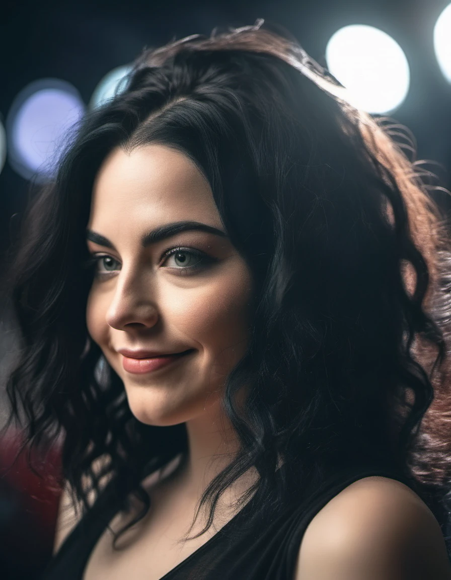 <lora:Amy Lee:1> black hair, cinematic photo professional portrait photography of a beautiful amlyleevan , on a stage singing,  smiling, looking at the camera, highly detailed, masterpiece, hires