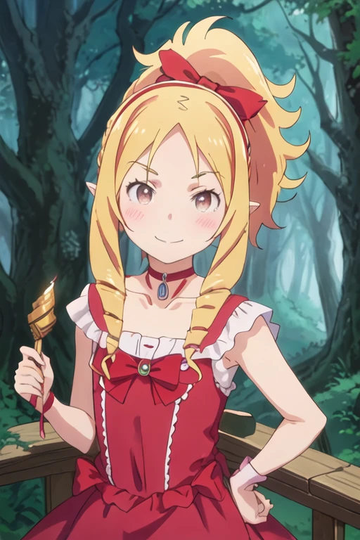 best quality, masterpiece, highres, solo, {yamada_elf_eromangasensei:1.15}, blonde_hair, long_hair, blush, drill_hair, brown_eyes, bow, hair_bow, pointy_ears, red_bow, hairband, 1girl, choker, ponytail, upper_body, collarbone, looking_at_viewer, ribbon, sleeveless, forest, night, outdoors, smile, closed_mouth, red_choker, nature