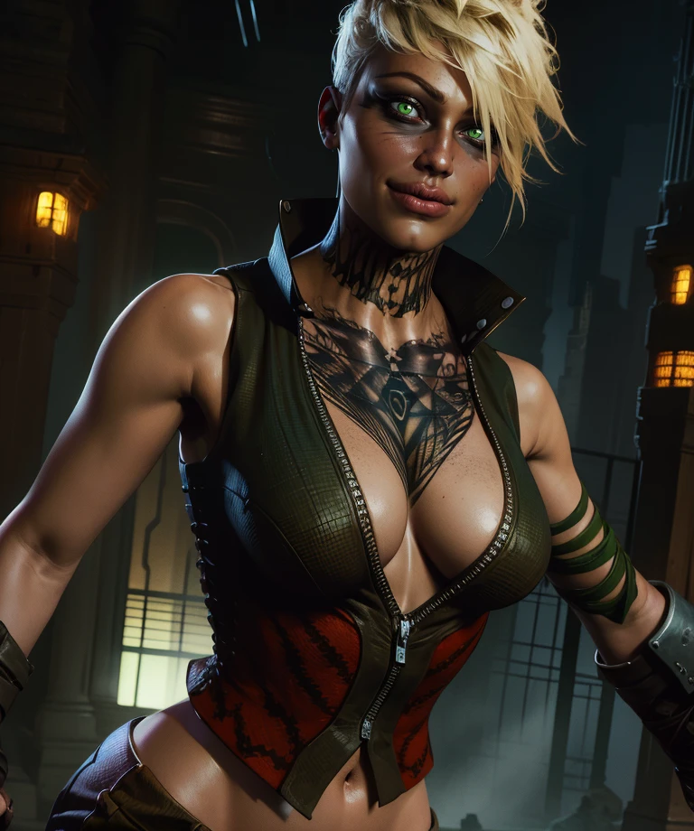 larissa,chest tattoo,blonde hair,short hair,green eyes,slit pupils,facial mark,
fingerless gloves,midriff,cleavage,bandages,vest,pants,
standing,upper body,smile,
gotham,
(insanely detailed, beautiful detailed face, masterpiece, best quality) cinematic lighting,<lora:copperheadlarissa:0.7>,