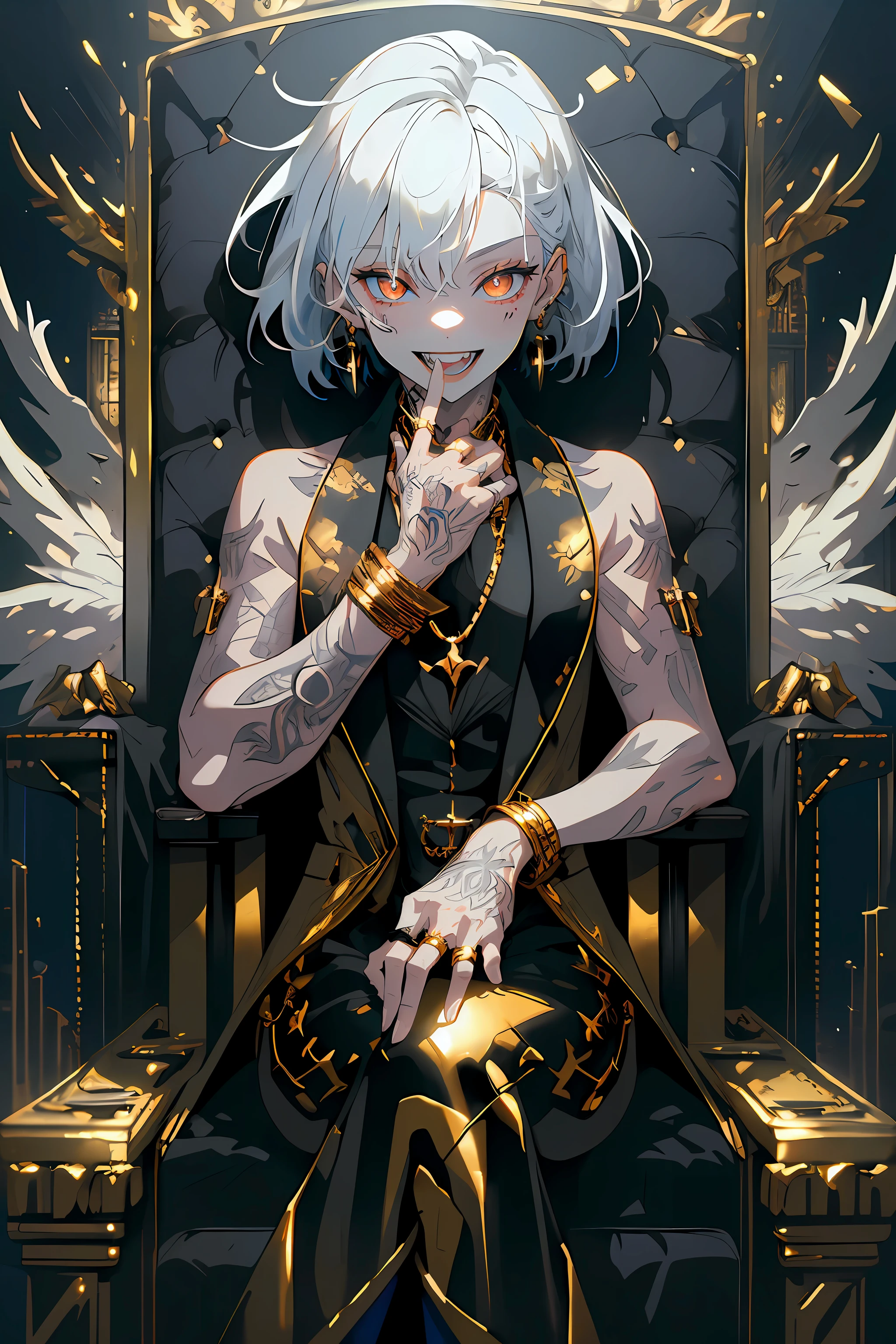 (ultra-detailed), (masterpiece), (best quality), (depth of field), (sharp focus), (cinematic lighting), (vibrant colors), <lora:BlingBling:1>, 1girl, golden jewelry, black suit, confident, crazy smile, tattoos, white hair, sitting in throne, perfect hand