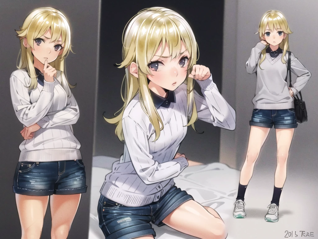 <lora:clear_anime_style_v1:0.9>multiple_views, SFW, girl, Feralcore aesthetic, dutch angle, looking at viewer, mature female, adult, small Breasts, Average body, Athletic, Bored, Blank stare,  paw pose, on knees, Sweater, Bermuda Shorts, gold trim,