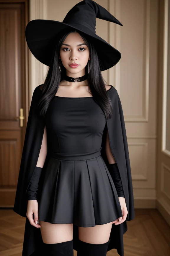 1woman, black hair, center parted long hair, realistic, masterpiece, high detailed skin, wearing random dress, looking at viewer, indoor view, solo
<lora:Black_Witch_By_Stable_Yogi:0.8> black skirt, black t shirt, earrings, boots, witch hat, choker, cape