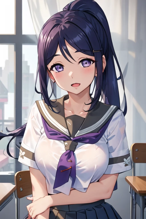 best quality, masterpiece, highres, solo, {matsuura_kanan_lovelivesunshine:1.15}, purple_eyes, blue_hair, long_hair, smile, ponytail, blush, bangs, sidelocks, breasts, 1girl, looking_at_viewer, school_uniform, serafuku, uranohoshi_school_uniform, neckerchief, :o, upper_body