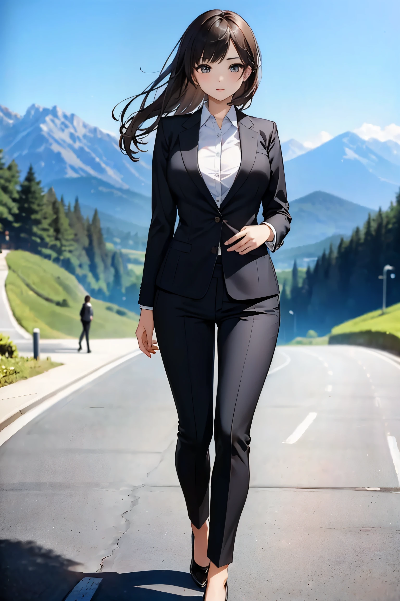 1girl, fullbody, (beautiful:1.1 cute:1.2 serious:1.1 girl:1.2 face, (business suit)), standing, (village), mountain top scenery, photorealistic, portrait, embedding:sd15/pos/edgquality:1.2