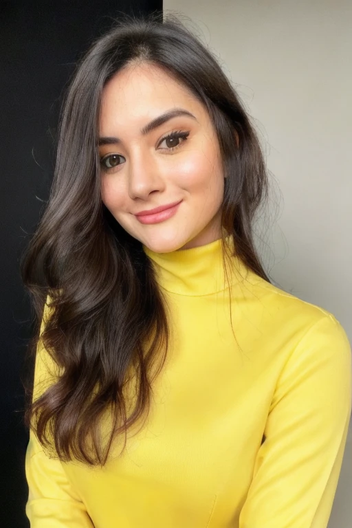 Photo of beautiful n4nd4gu4rd14n woman, detailed face, (blurred background)+, yellow turtleneck blouse, analog film grain, smile, makeup+