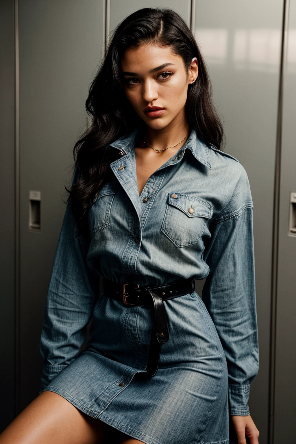 photo of (EPD4n1C4rb0n:0.99), closeup portrait, perfect hair, (modern photo,Oversized chambray collared shirt worn as a dress with a belted faux leather flared skirt and knee-high boots.), 24mm, (analog, cinematic, film grain:1.3), ((locker room, gradient:1.1)), ((detailed eyes)), ((eyeliner, long lashes)), (epicPhoto), long eyelashes, (perfect waist), (painted lips)