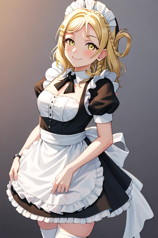 best quality, masterpiece, highres, solo, {maid:1.40}, {long maid dress:1.15}, {ohara_mari_lovelivesunshine:1.15}, blonde_hair, yellow_eyes, braid, smile, hair_rings, crown_braid, blush, medium_hair