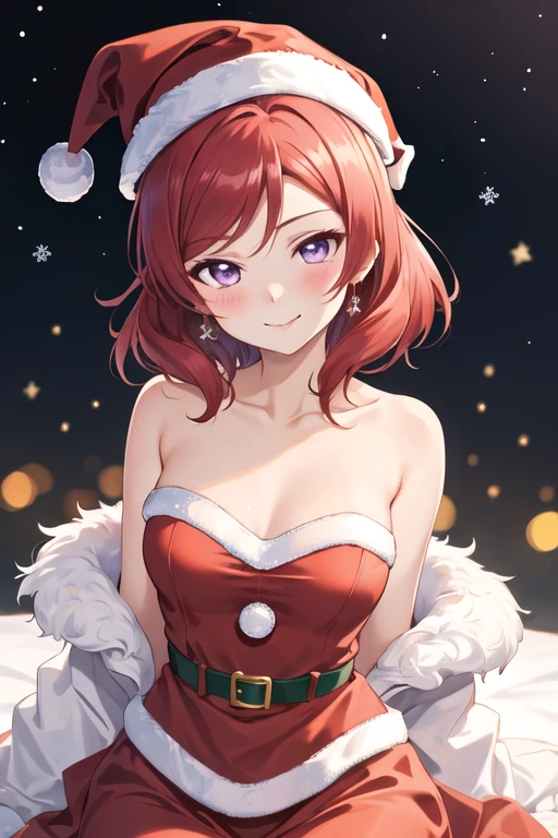 best quality, masterpiece, highres, solo, {nishikino_maki_lovelive:1.15}, red_hair, purple_eyes, blush, short_hair, smile, 1girl, looking_at_viewer, bare_shoulders, christmas, collarbone, fur_trim, medium_hair, bangs, hat, santa_costume, upper_body, breasts, closed_mouth, dress, red_dress, red_headwear, santa_hat, shiny, shiny_hair