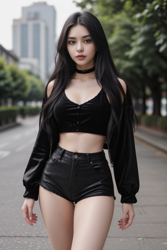 1woman, black hair, center parted long hair, realistic, masterpiece, high detailed skin, wearing random dress, looking at viewer, outdoor view, solo, full body shot
<lora:Velvet_Jacket_Shorts_By_Stable_Yogi:0.8> black velvet shorts, black velvet crop top, black velvet jacket