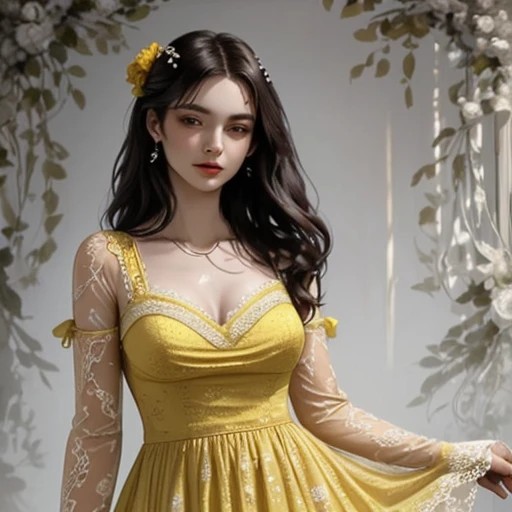 a beautiful woman wearing a yellow lace dress,<lora:ç½åé女:1>,