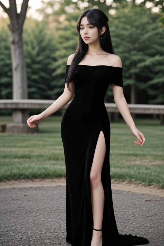 1woman, black hair, center parted long hair, realistic, masterpiece, high detailed skin, wearing random dress, looking at viewer, outdoor view, solo, full body shot
velvet off shoulder long black dress, side slit <lora:Black_Velvet_Dress_By_Stable_Yogi:0.8>