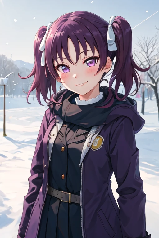 best quality, masterpiece, highres, solo, {kazuno_leah_lovelivesunshine:1.15}, purple_hair, purple_eyes, twintails, bangs, blush, smile, hair_ribbon, 1girl, looking_at_viewer, upper_body, coat, hood, snowflakes, hood_down, hooded_coat, pink_eyes, portrait, two_side_up