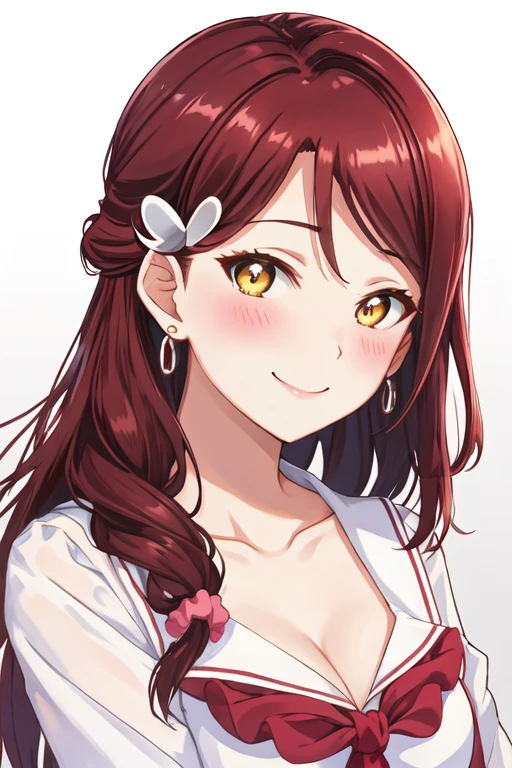 best quality, masterpiece, highres, solo, {sakurauchi_riko_lovelivesunshine:1.15}, red_hair, long_hair, yellow_eyes, hair_ornament, blush, smile, hairclip, breasts, 1girl, collarbone, looking_at_viewer, shirt, hair_scrunchie, scrunchie, upper_body, hair_over_shoulder, portrait, white_shirt
