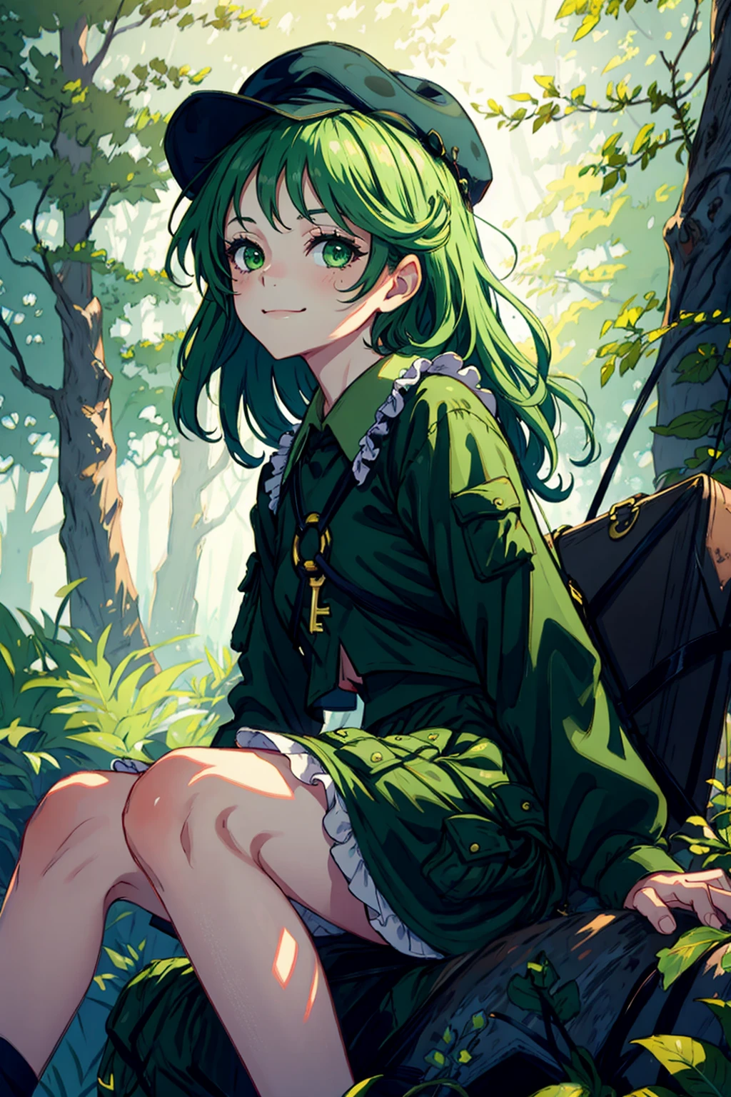 masterpiece, best quality, <lora:YamashiroTakane:1>,
1girl, green hair, solo, skirt, sitting, green eyes, hat, shirt, nature, tree, green shirt, outdoors, green skirt, forest, frills, closed mouth, key, smile, green theme, frilled skirt, own hands together, looking at viewer, green headwear, long sleeves, camouflage, medium hair, jacket, feet out of frame