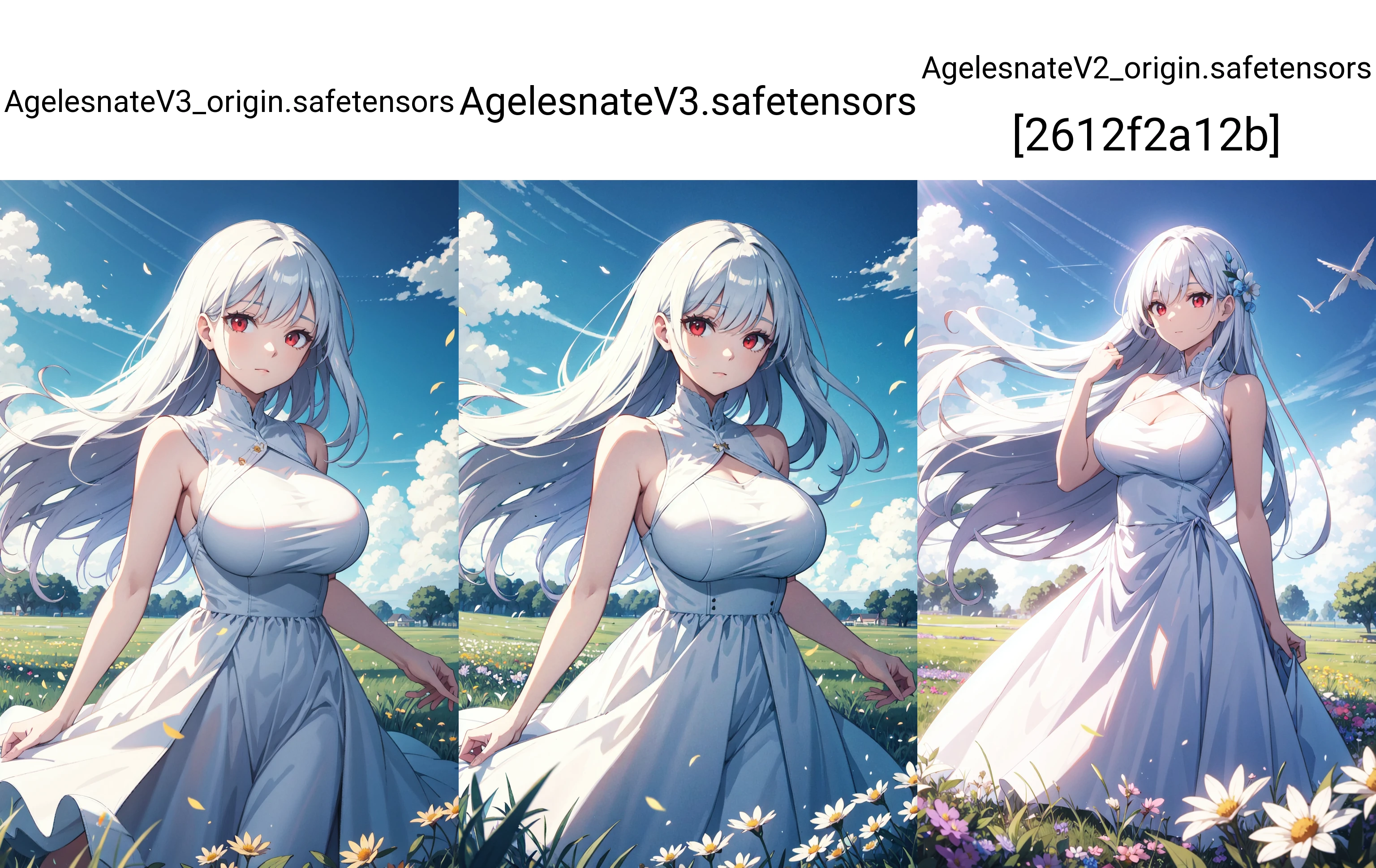 (close view:0.8),
beautiful person, white long hair, red eyes,
(GIGANTIC HUGE BREAST:0.6), (GIGANTIC HUGE HIP:0.6),
white dress,
grassland, bluesky,
wind effects, flower effects,