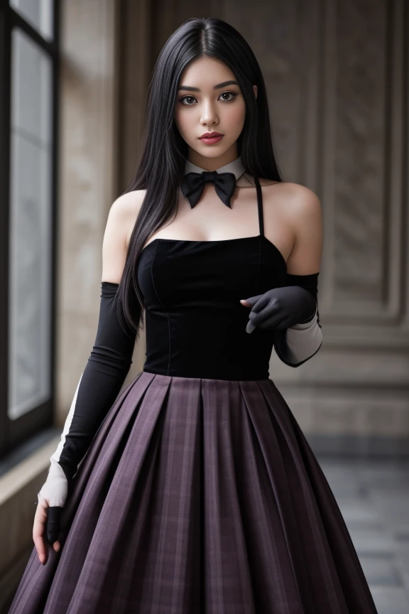 1woman, black hair, center parted long hair, realistic, masterpiece, high detailed skin, wearing random dress, looking at viewer, indoor view, solo
<lora:2023_Long_Dress_By_Stable_Yogi:1> gray halterneck long dress, straps, elbow gloves, neck bow tie, plaid long skirt