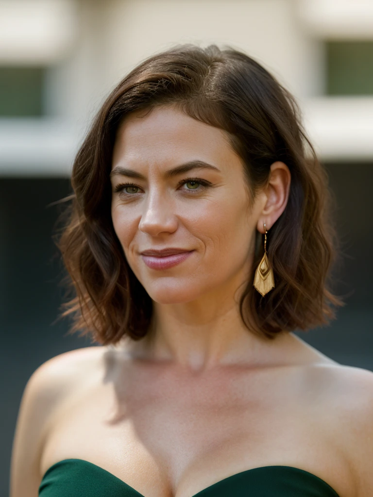 Realistic photo of a beautiful m4gg13s woman, 1girl,solo,breasts,looking at viewer,smile,short hair,simple background,black hair,cleavage,jewelry,green eyes,collarbone,upper body,earrings,lips,messy hair,portrait,realistic,soft lighting, professional Photography, Photorealistic, detailed, RAW, analog, sharp focus, 8k, HD, high quality, masterpiece<lora:m4gg13s:1.0>