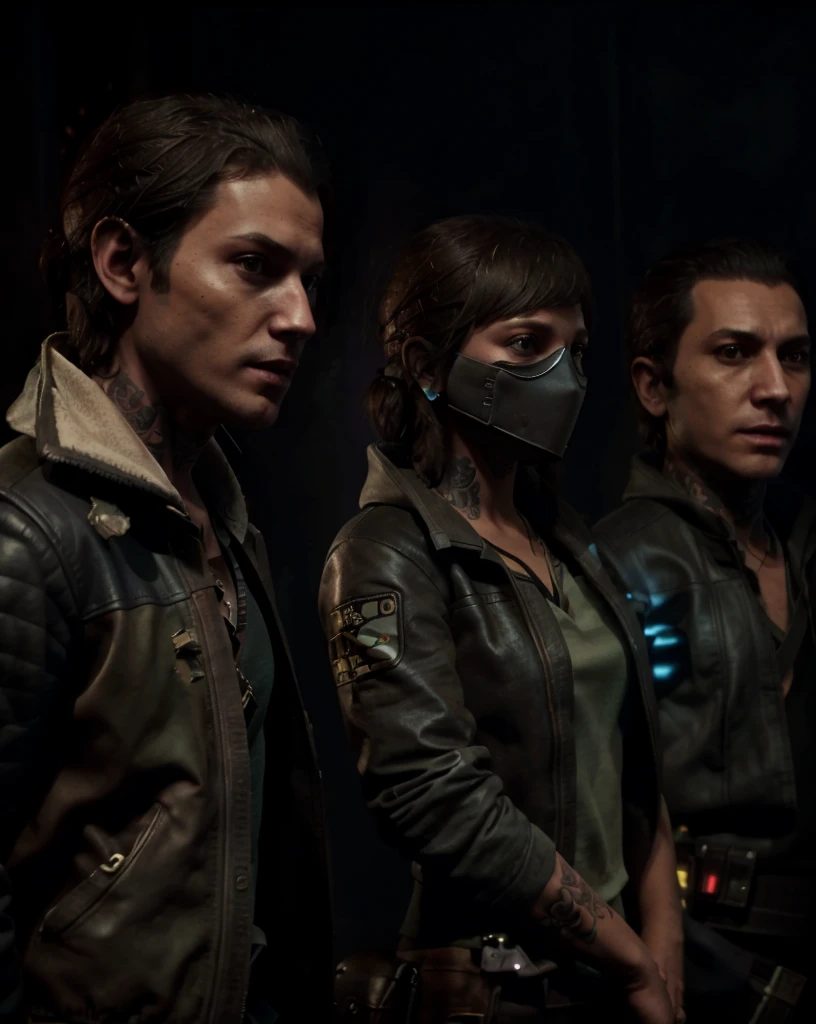 starwars outlaws , a group of people standing in a dark room, 1girl, brown hair, jacket, weapon, multiple boys, hood, tattoo, mask , <lora:StarWars_Outlaws_Style-SD15:0.75>