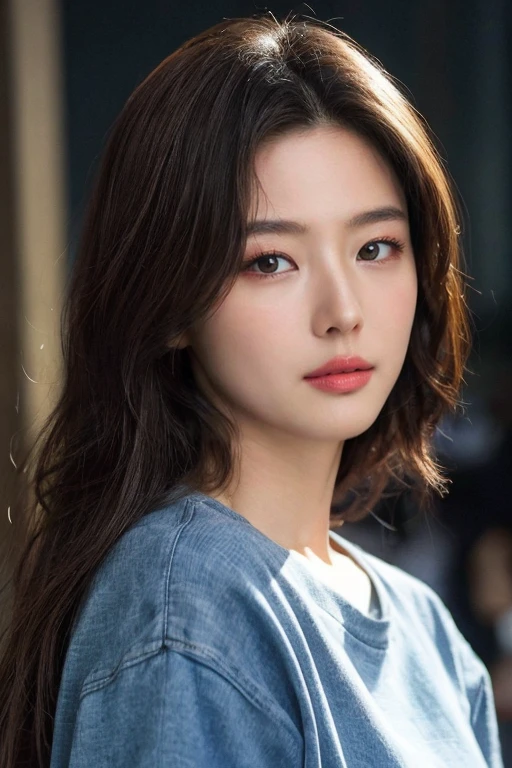 hyper realistic lifelike texture dramatic lighting unreal engine trending on art station, award winning photo, nikon RAW photo,8 k, Fujifilm XT3,masterpiece, best quality, realistic, photorealistic, ultra detailed, extremely detailed face, solo,1girl, standing, fashionable and trendy atmosphere, high-end makeup products, and a stylish expression on her face, close up, t-shirt