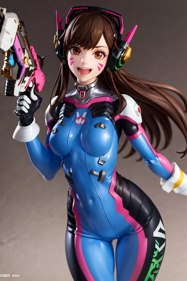 <lora:Anime_Figure:0.8>, figure, masterpiece, best quality, highres, aahana, long hair, brown hair, headphones, whisker markings, shoulder pads, blue bodysuit, ribbed bodysuit, animal print, clothes writing, long sleeves, white gloves, <lora:d.va_v1:0.8>, cowboy shot, standing, holding weapon, handgun, smile, open mouth, cyberpunk,
