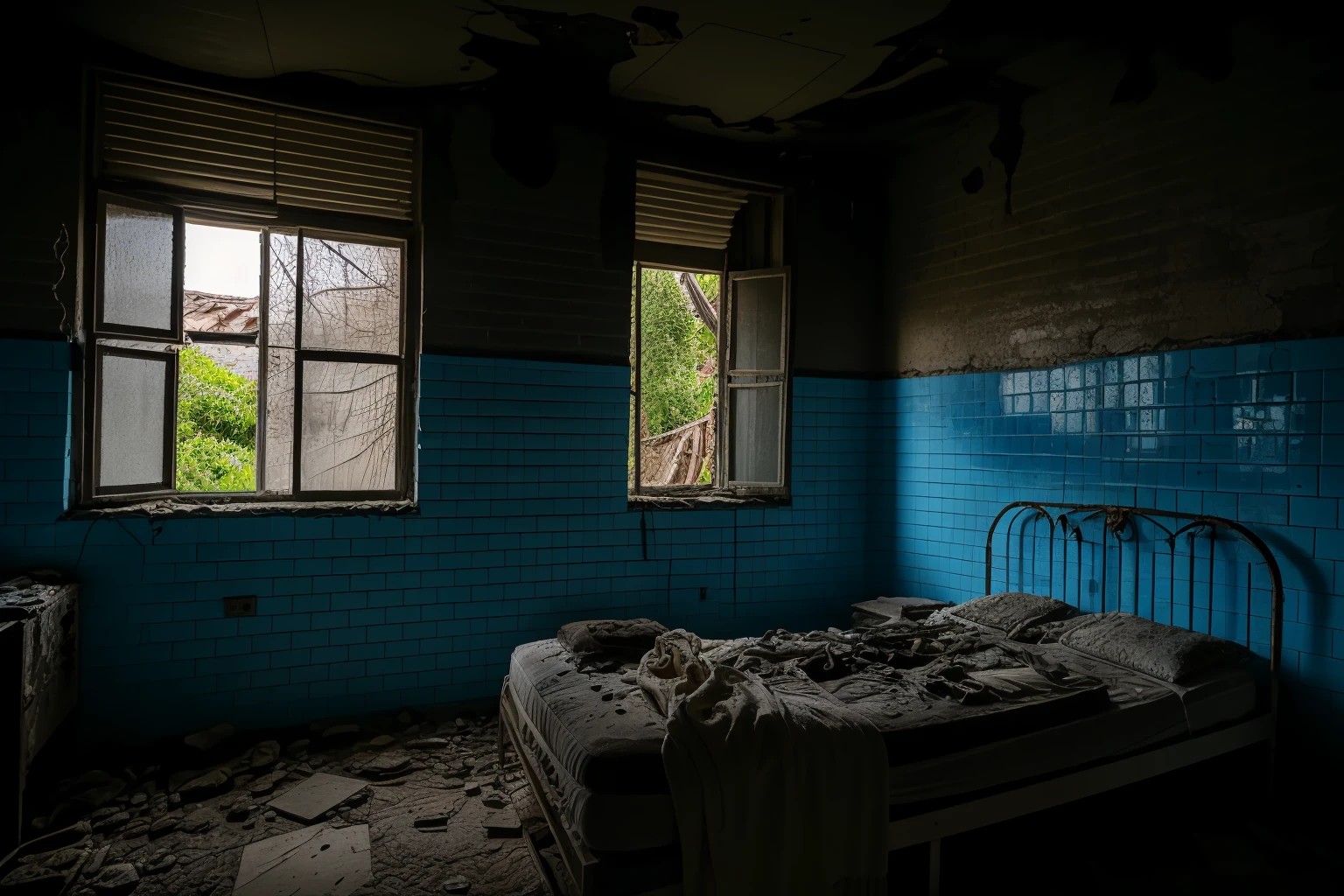 no humans,indoors,<lora:nighttime_v1:1.2>,<lora:detail_slider_v4:3>,<lora:abandoned hospital_v1:0.5>,(red-panic-button-positive:1.2),night,dark,moonlight,ruanyi060,tile floor,tile wall,((white_tile wall)),((rusty bed)),broken walls,((no lights)),, best quality,masterpiece,high quality,real,realistic,super detailed,full detail,8K,