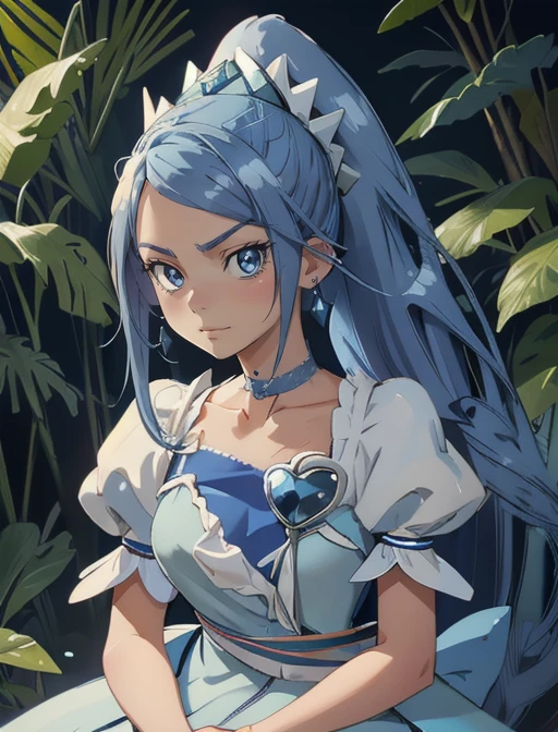 best quality, masterpiece, highres, detailed, digital illustration, <lora:Tools - add_detail:0.2>, CureDiamond, blue hair, headdress, ponytail, blue eyes, long hair, heart brooch, puffy sleeves, blue dress, <lora:Character - CureDiamond:0.8>,smug, jungle
