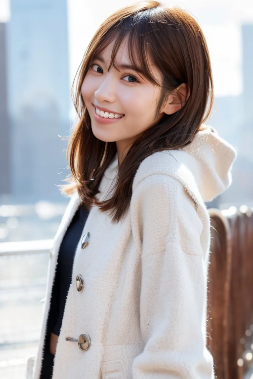 1girl, (wearing a cropped top and long coat:1.4),(RAW photo, best quality), (realistic, photo-realistic:1.4), masterpiece, an extremely delicate and beautiful, extremely detailed, 2k wallpaper, Amazing, finely detail, extremely detailed CG unity 8k wallpaper, ultra-detailed, highres, soft light, beautiful detailed girl, extremely detailed eyes and face, beautiful detailed nose, beautiful detailed eyes,cinematic lighting,(in the city:2.0),perfect anatomy,(slender body:1.0),(close up face:2.2),(gently smile,Friendly, warm:2.0),(looking at viewer:2.0),(young japanese idol:1.8),(wavy long hair:1.8), (brown eyes:1.8),(standing:2.0), (cleavage:1.8), <lora:datesayuri_lora-11:0.8>