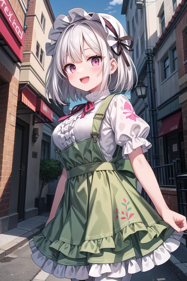 insanely detailed, absurdres, ultra-highres, ultra-detailed, best quality
BREAK
(white and light-green theme:1.4), ((gothic dress, classic and cute fashion):1.2), (light-green classic-bonnet on head:1.4), (fusion of light-green jumper-skirt and white blouse:1.5),
(light-green (overalls skirt, jumper-skirt) with white ruffles:1.4), (big light-green ribbon bow on skirt:1.4), ((short sleeves, bishop sleeves):1.3), (crinoline:1.2),
(oversized multilayer-skirt with ruffles:1.3), (white pantyhose:1.2), (Place multi-layered white ruffles on front of the skirt:1.3),
(garter belt:-1.4), (belt:-1.4), (-Metal fittings:1.4),
BREAK
(pink Detailed embroidery on skirt:1.4), (loafers:1.1),
BREAK
1 girl, solo, happy smile, laugh, open mouth,
BREAK
standing, cute pose, cowboy shot, looking at viewer,
slender, kawaii, perfect symmetrical face, ultra cute girl, ultra cute face, ultra detailed eyes, ultra detailed hair, ultra cute, ultra beautiful,
BREAK
(outdoor, in street, city, european street:1.3), ultra detailed background, (door:-1),
medium large breasts
BREAK
(white hair:1.3), medium hair, dark red eyes